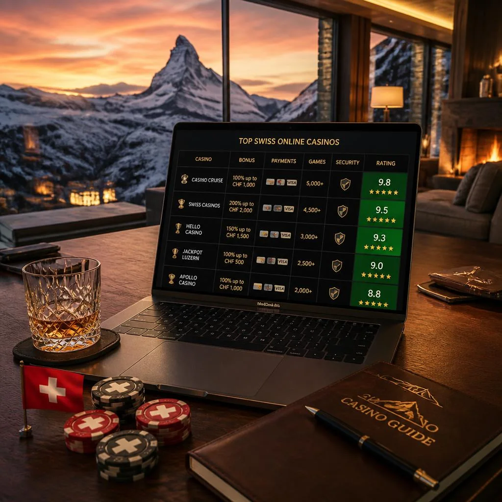 Originale Illustration eines Online Casino Vergleichs auf einem Laptop vor Schweizer Alpen